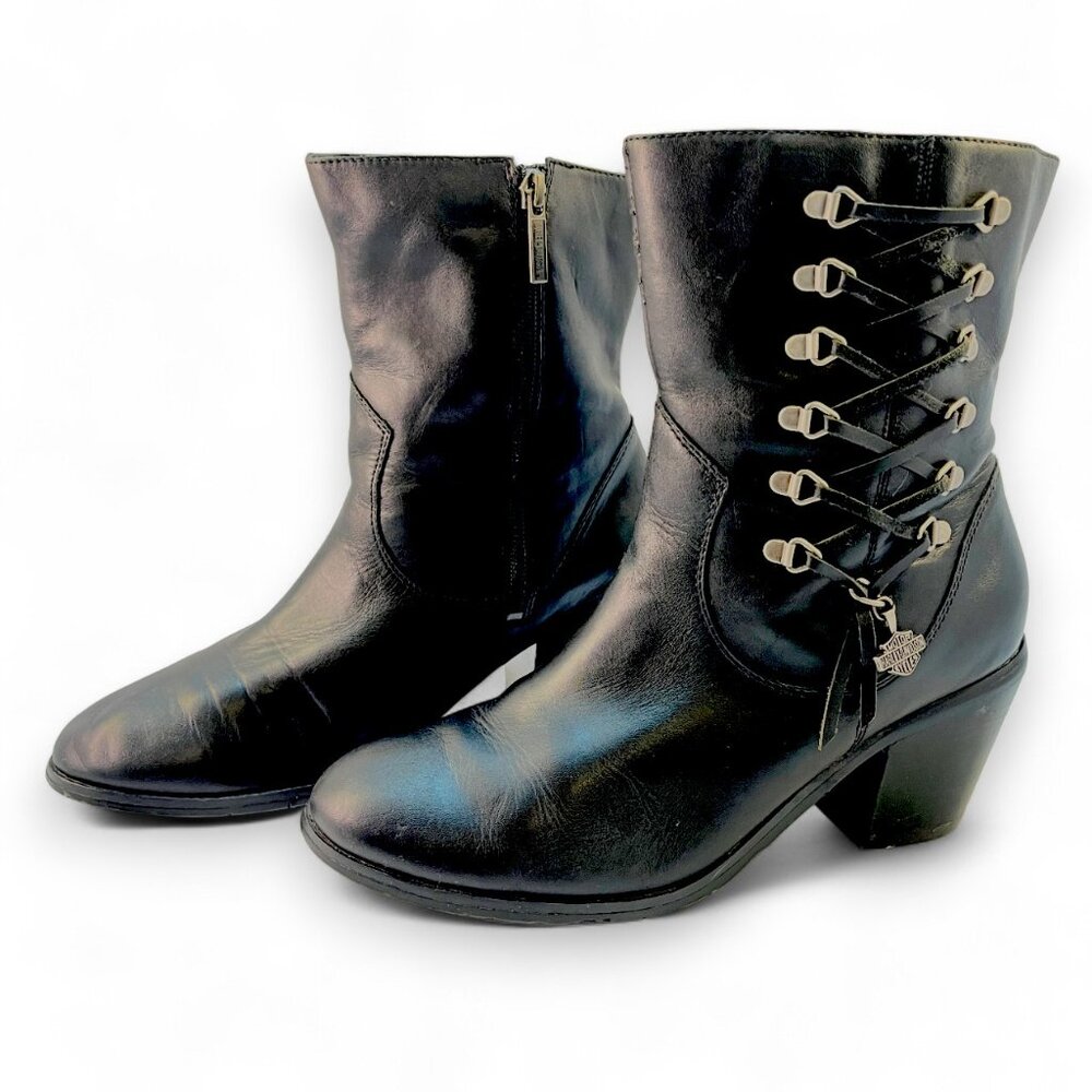 Harley Davidson Women Black Leather Boots Corset Lace Up With Carms Size 9.5" - Picture 2 of 12